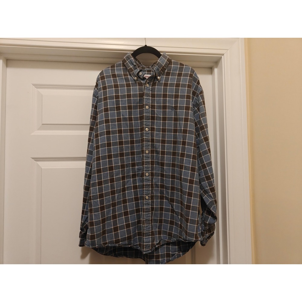 Brooks Brothers Madison Blue Brown Plaid Cotton Button Down Shirt Mens Large